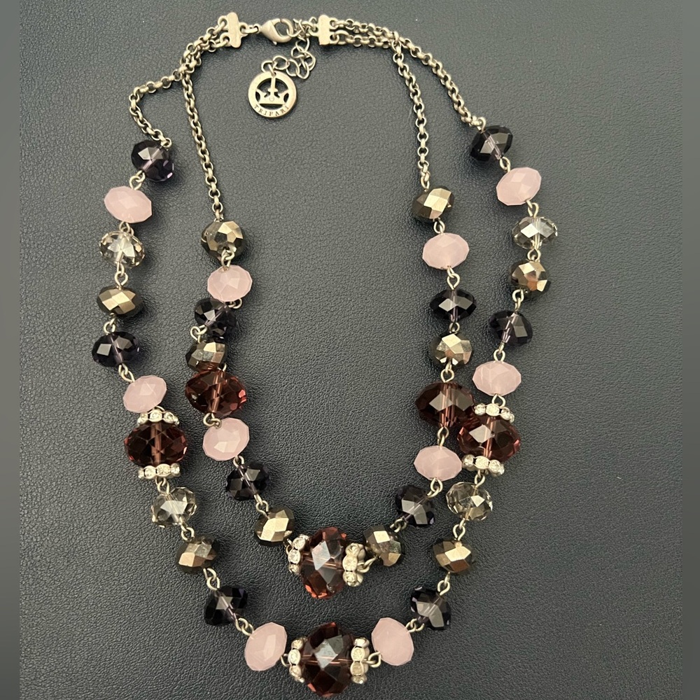Vintage Crown Trifari Double Strand Purple Hues Faceted Glass Beaded Necklace